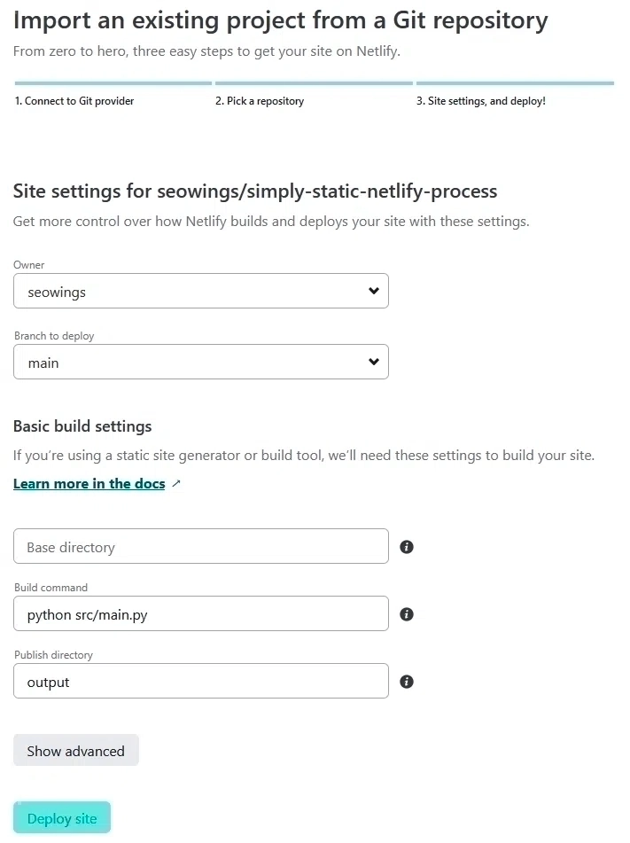 Configure simply-static-post process repository with Netlfiy