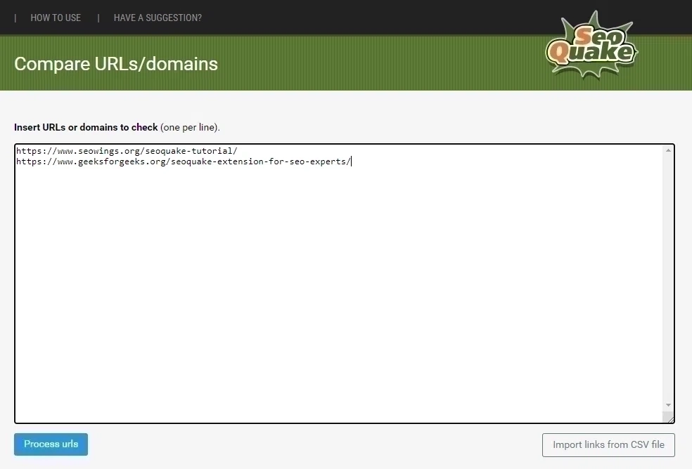 SEOquake seowings.org Compare URLs