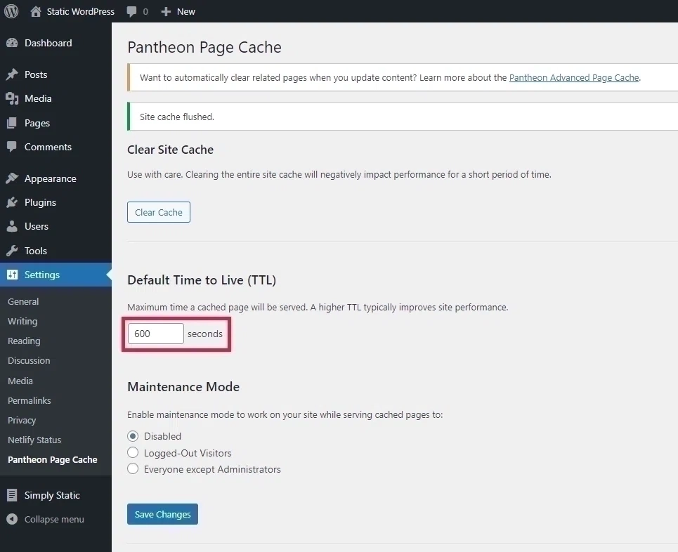 Pantheon.io Cache Settings